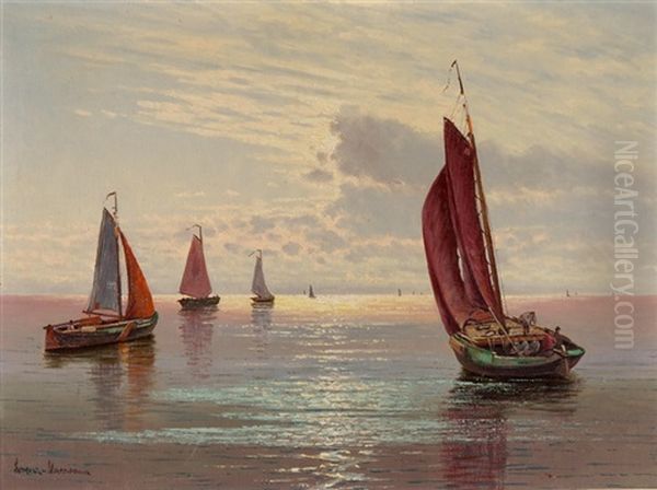 Fischerboote Vor Sonnenuntergang Oil Painting by Ernst Hugo Lorenz-Morovana