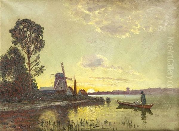 Fischer Am Ufer Vor Windmuhle U. Untergehender Sonne Oil Painting by Ernst Hugo Lorenz-Morovana