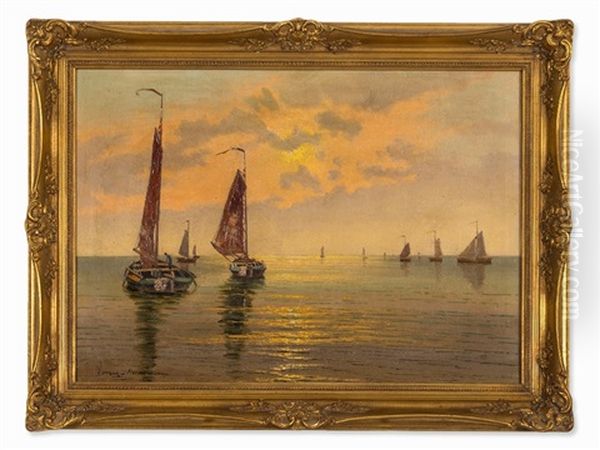 Fishing Boats At Dusk Oil Painting by Ernst Hugo Lorenz-Morovana