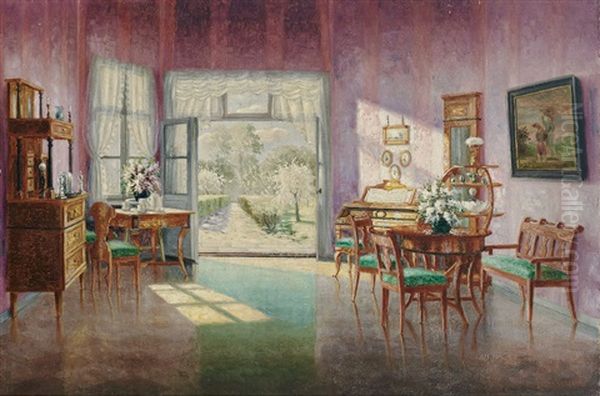 Blick In Einen Lichtdurchfluteten Biedermeiersalon Mit Durchblick In Bluhenden Garten Oil Painting by Ernst Hugo Lorenz-Morovana