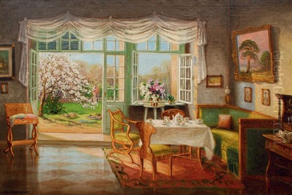 Interior With A View On A Garden In Bloom by Ernst Hugo Lorenz-Morovana