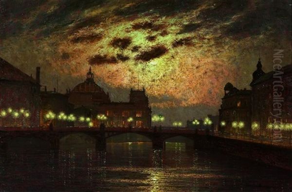 Das Nachtliche Berlin. Blick Auf Das Reichstagsgebaude Mit Der Marshallbrucke Oil Painting by Ernst Hugo Lorenz-Morovana