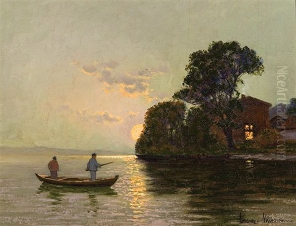 Moon Rise Over Oder River Oil Painting by Ernst Hugo Lorenz-Morovana