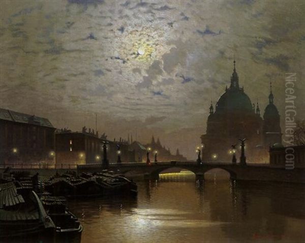 Berlin, An Der Spree Bei Mondschein Oil Painting by Ernst Hugo Lorenz-Morovana