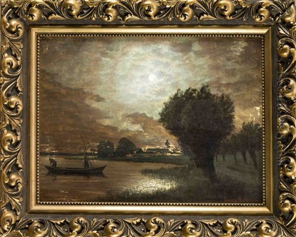 Stimmungsbild Zweier Fischer Am Ufer Einer Mondbeschienenen Landschaft Oil Painting by Ernst Lorenz-Murowana