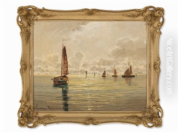 Sailboats On The Sea At Sunrise Oil Painting by Ernst Lorenz-Murowana