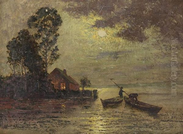 Moonlit Fishing Scene Oil Painting by Ernst Lorenz-Murowana