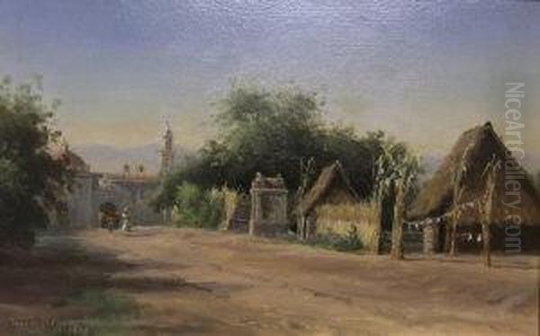 View Of A Church And Village Street Oil Painting by Townley Benson