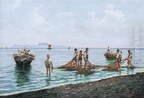 Pescatori Con Reti Oil Painting by Vincenzo Loria