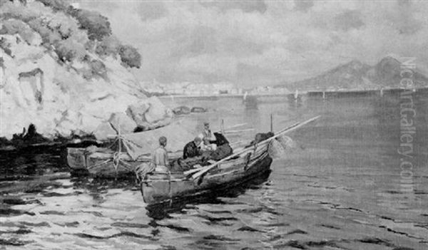 Fishermen In A Rocky Inlet Oil Painting by Vincenzo Loria