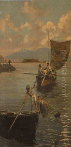 Figures And Boats In The Bay Of Naples Oil Painting by Vincenzo Loria