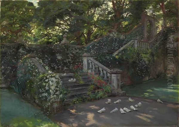 The Golden Hour: The West Staircase To The Upper Terrace At Balcaskie, Fife Oil Painting by John Henry Lorimer