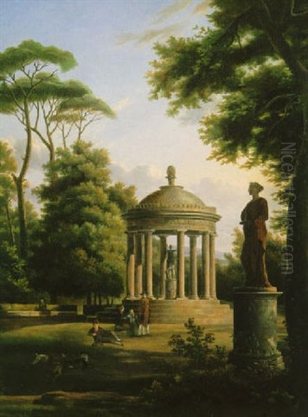 Landscape With A View Of The Villa Borghese &    Landscape With The Temple Of Diana In The Borghese Gardens Oil Painting by Etienne Chevalier de Lorimier