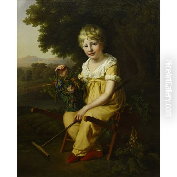 Portrait Of A Child With Flower Basket Oil Painting by Henriette Lorimier