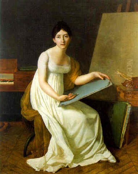 Portrait Of The Artist, Seated, Wearing A Dress And Holding A Sketching Board And Porte-crayon Oil Painting by Henriette Lorimier