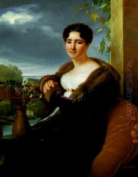 Madame De Saint-privat On The Terrace Of Her Chateau With   The Pont-du-gard In The Background Oil Painting by Henriette Lorimier