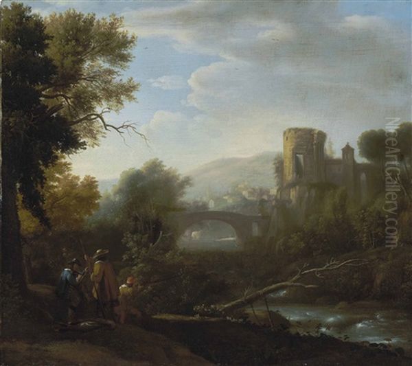 A Landscape With Tivoli And The Temple Of Vesta, Hunters And An Artist Sketching In The Foreground Oil Painting by Claude Lorrain