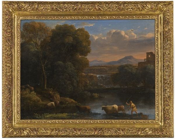 An Italianate Landscape With A Drover And His Dog Driving His Cattle Across A Ford, A Waterfall Beyond Oil Painting by Claude Lorrain