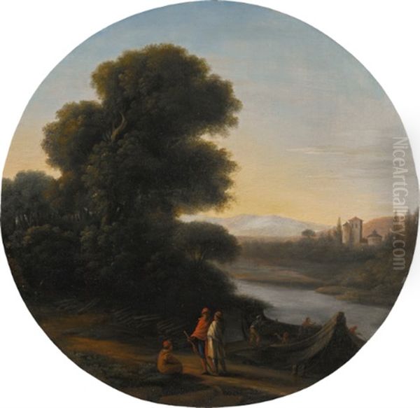 Italianate Landscape With Travellers And A Boat Being Loaded With Logs Oil Painting by Claude Lorrain