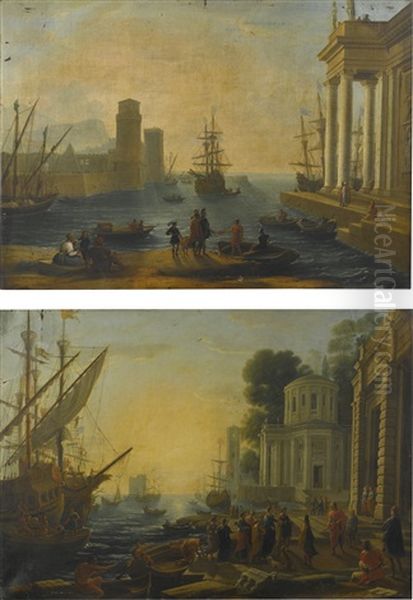 Seaport With The Landing Of Cleopatra In Tarsus; Seaport With The Embarkation Of Ulysses From The Phaeacians Oil Painting by Claude Lorrain