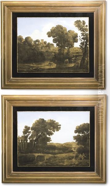 A Pair Of Verre Eglomise Pictures After Paintings By Claude Lorrain Oil Painting by Claude Lorrain