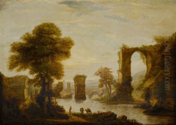 A Vast Bucolic Landscape Oil Painting by Claude Lorrain