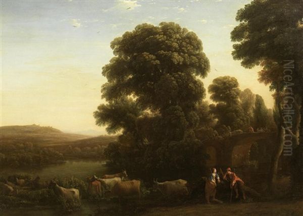 A Pastoral Landscape With A Shepherd And Shepherdess Beside Their Livestock In An Arcadian Landscape With Drovers On A Bridge Beyond Oil Painting by Claude Lorrain