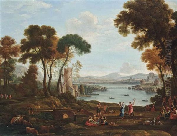 An Arcadian Landscape With Figures Dancing And Others Conversing On A River Bank Oil Painting by Claude Lorrain