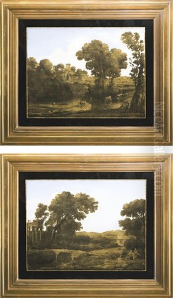 A Pair Of Verre Eglomise Pictures After Paintings By Claude Lorrain by Claude Lorrain