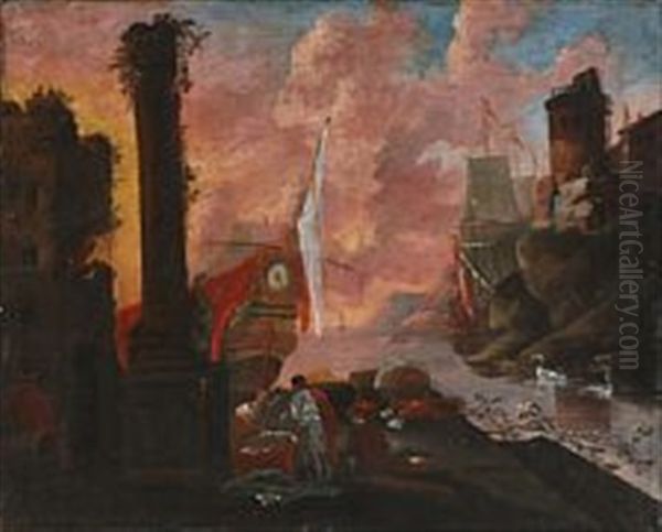 Harbour Scene With Classical Ruins Oil Painting by Claude Lorrain