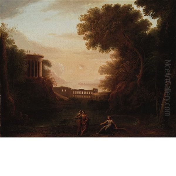 Figures Near A Round Temple, An Aqueduct In The Distance Oil Painting by Claude Lorrain