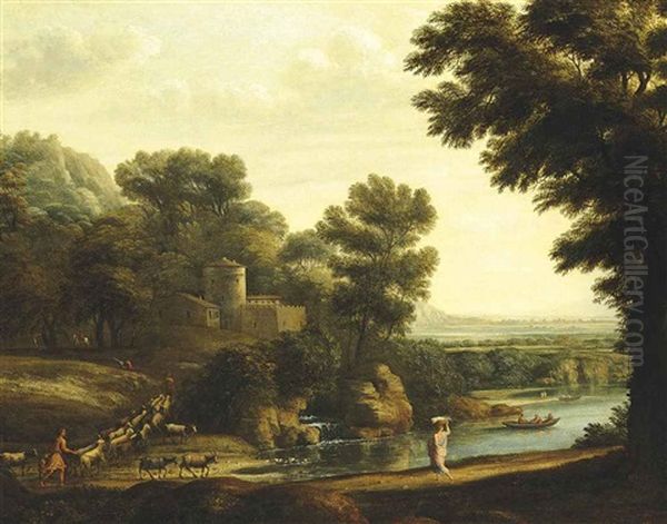 A Wooded River Landscape With Travellers, Shepherds And Their Flock On A Path, A Fortified City Beyond Oil Painting by Claude Lorrain