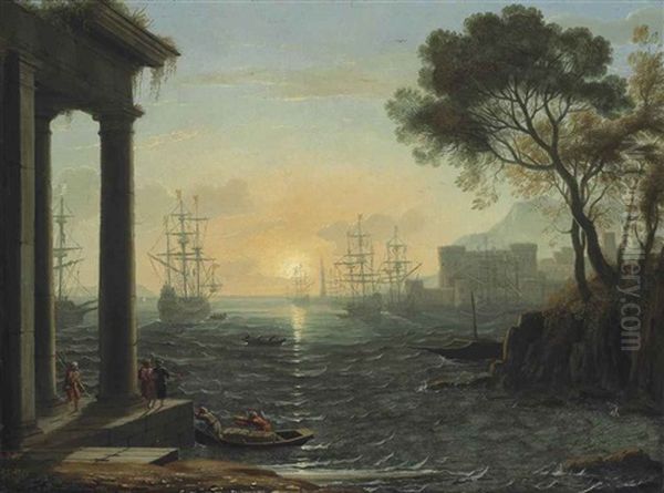 A Mediterranean Port At Sunset Oil Painting by Claude Lorrain