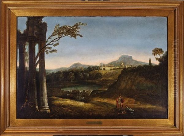 A Courtly Couple Making Music In A Pastoral Landscape With Ruins Oil Painting by Claude Lorrain