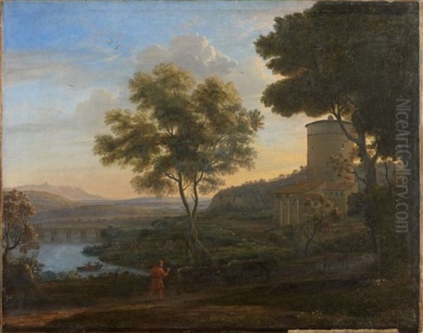 Berger Et Son Troupeau Dans Un Paysage De Riviere Au Pont Oil Painting by Claude Lorrain