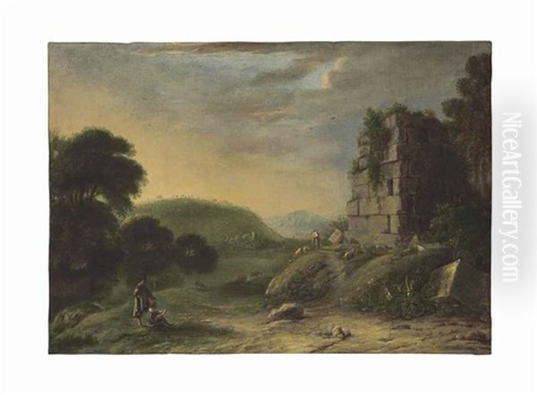 An Arcadian Landscape With Ruins, An Artist Drawing In The Foreground Oil Painting by Claude Lorrain