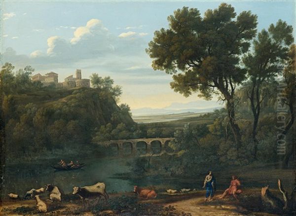 Flusslandschaft Mit Einem Hirten Und Einer Frau Im Vordergrund, Lagerndem Vieh Am Ufer Und Einem Dorf In Der Ferne by Claude Lorrain