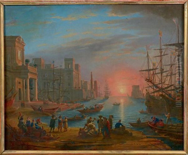 Port Mediterraneen Anime De Personnages Au Soleil Oil Painting by Claude Lorrain