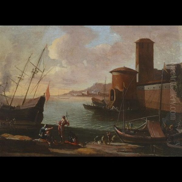 Fisherman In An Italian Port Oil Painting by Claude Lorrain