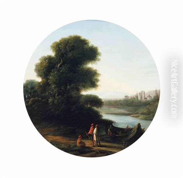 A Wooded River Landscape With Figures On A Path And Others Loading A Boat With Logs, A Castle Beyond by Claude Lorrain