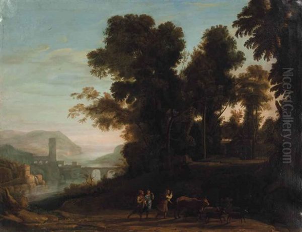 A River Landscape With Travelers And Shephards On A Path Oil Painting by Claude Lorrain