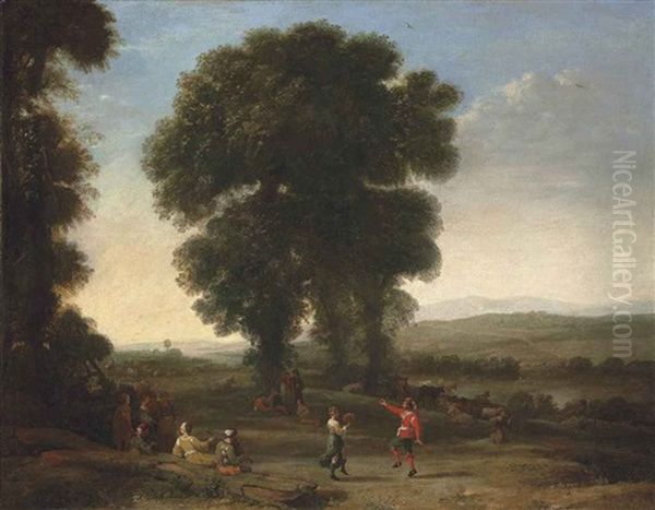 An Extensive Landscape With Figures Dancing And Others Resting Under A Tree In The Foreground, Their Cattle Resting Beyond Oil Painting by Claude Lorrain