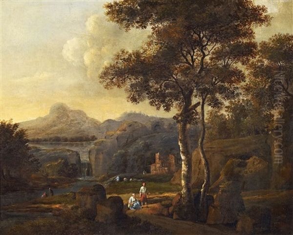 Italienische Seenlandschaft Mit Wanderern Oil Painting by Claude Lorrain