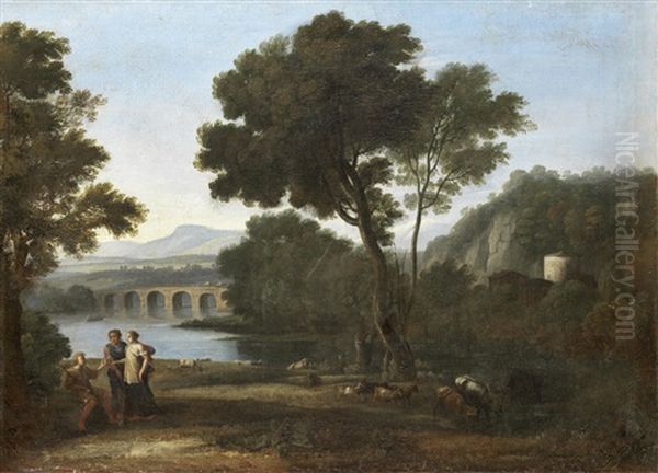 Elegant Figures Conversing In A Pastoral Landscape Oil Painting by Claude Lorrain