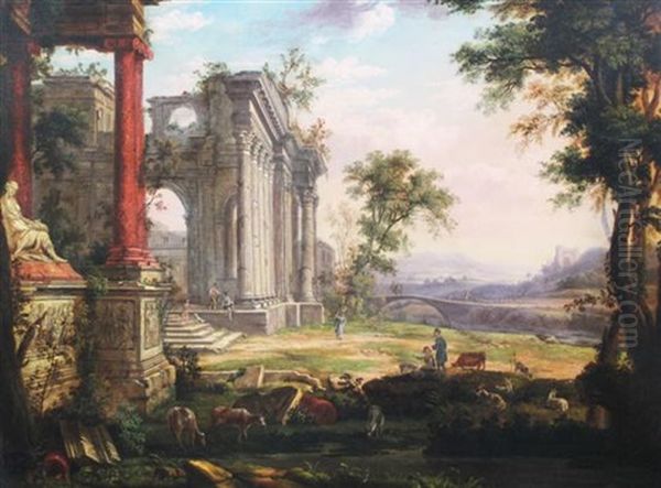 Figures And Classical Ruins In An Italianate Landscape Oil Painting by Claude Lorrain