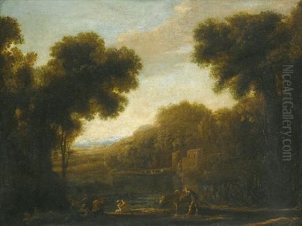 A River Landscape With Travellers On The Bank Oil Painting by Claude Lorrain