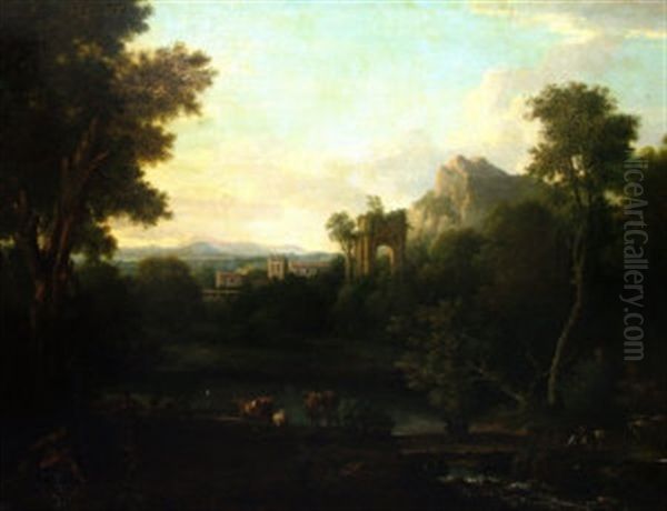 Cattle Drovers By A Stream With Woodland, Ruins And A Village With Mountains In The Distance Oil Painting by Claude Lorrain