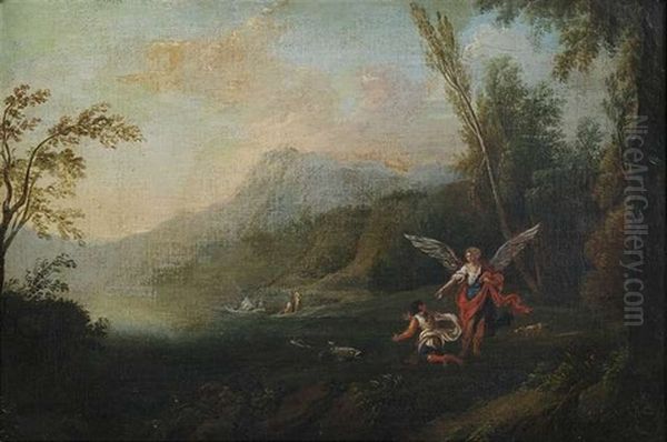 Flusslandschaft Mit Raffael, Der Tobias Gebietet, Den Fisch Zu Fangen Oil Painting by Claude Lorrain