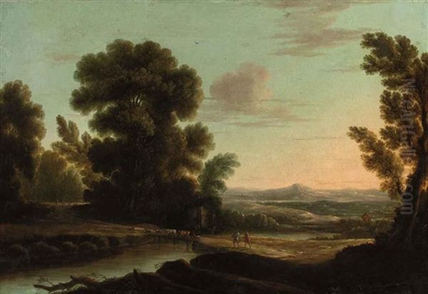 An Italianate River Landscape With Herdsmen With Their Cattle Crossing A Bridge by Claude Lorrain