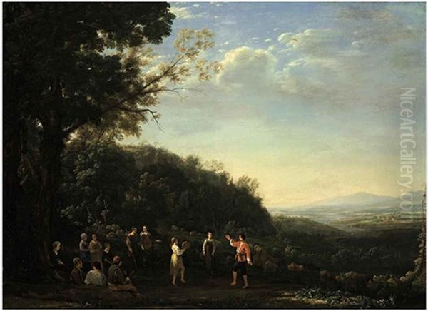 An Extensive Landscape With Shepherds And Shepherdesses Dancing Oil Painting by Claude Lorrain